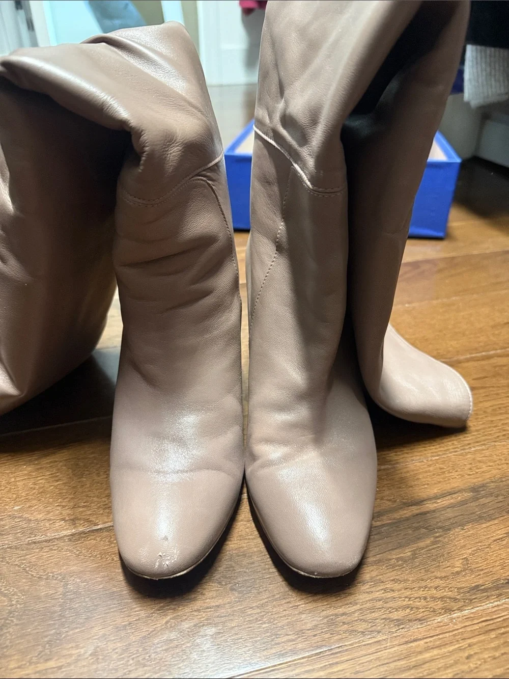 Stuart Weitzman Over-the-Knee Block Heel Boots in Taupe Brown